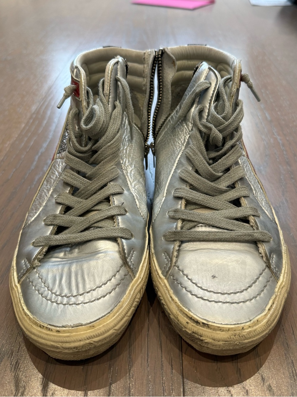 Golden Goose Slide Sneakers in Silver and Red